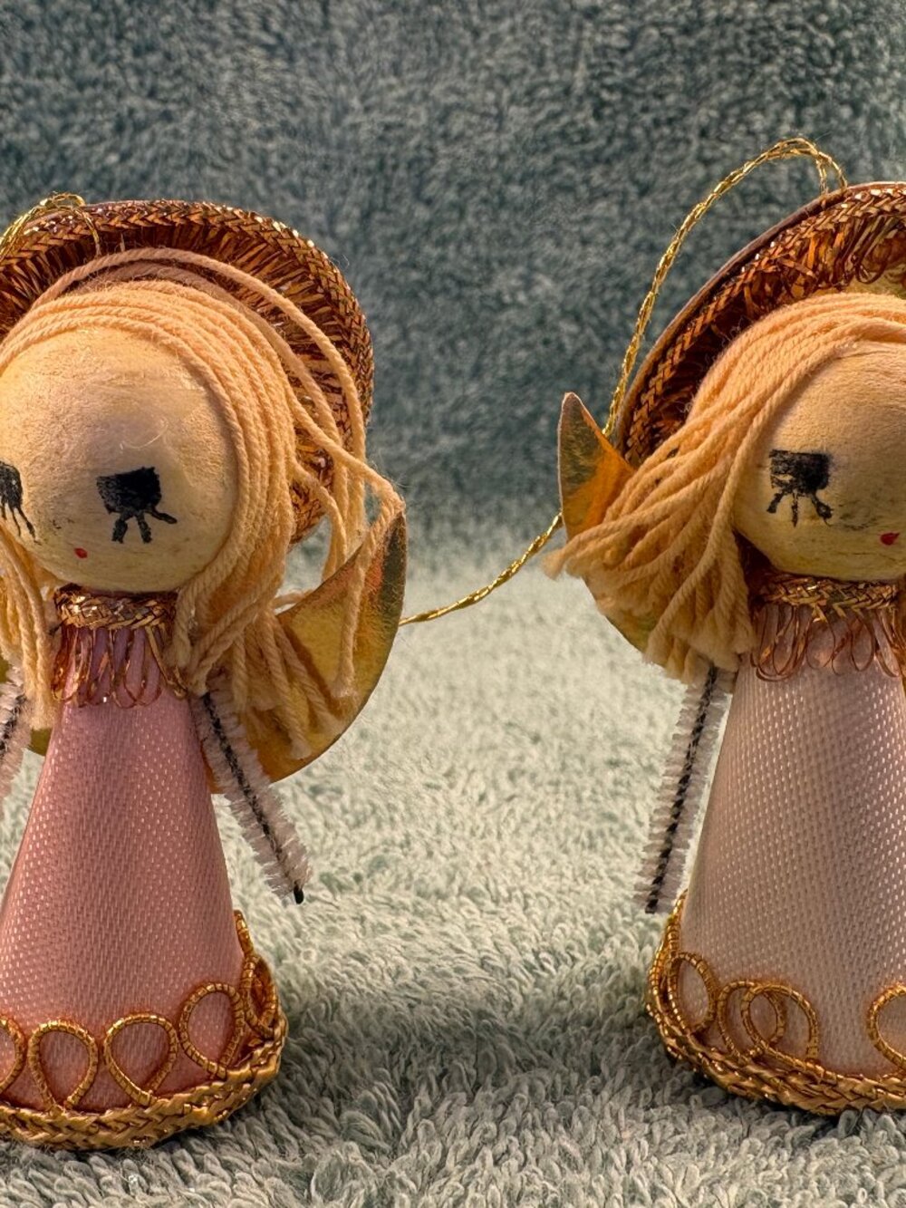 Vintage Spun Cotton Cone Angel Ornaments Pair Pink Ivory Satin Gold Trim 3"